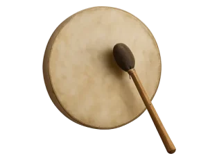 tambour-chamanique-pineabayah Tambour chamanique traditionnel avec mailloche posé sur un cuir naturel – symbole de voyage spirituel, de sonothérapie et d’ancrage énergétique. C'est mon outils principal pour les soins chamaniques.