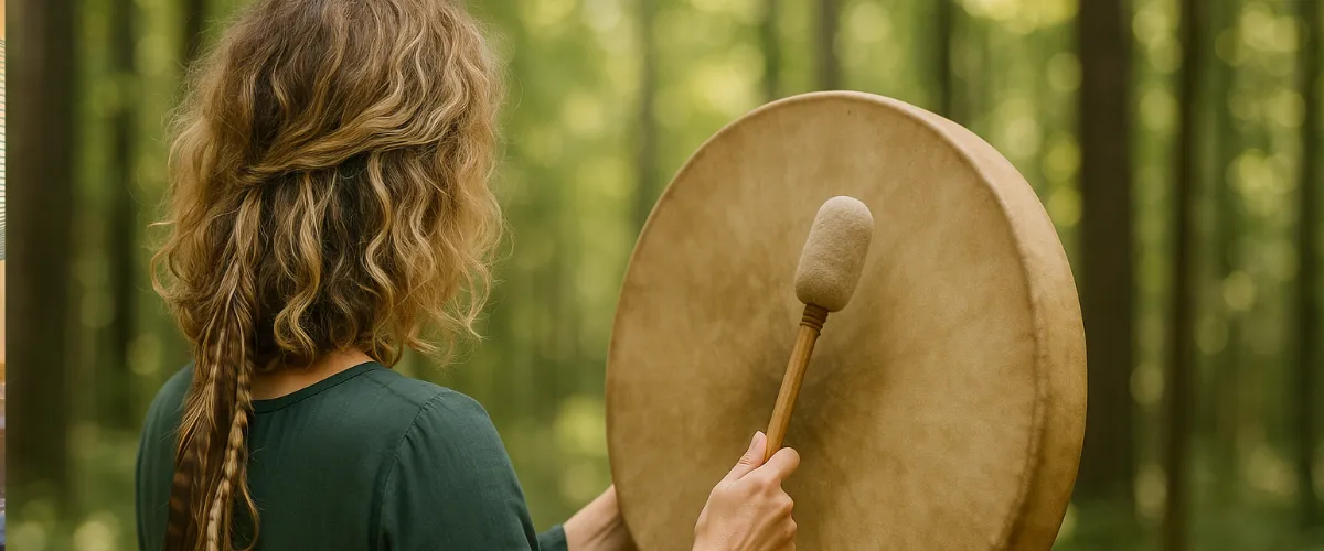 Je joue du tambour dans la forêt pour accompagner ces voyages - Voyages au tambour chamanique.