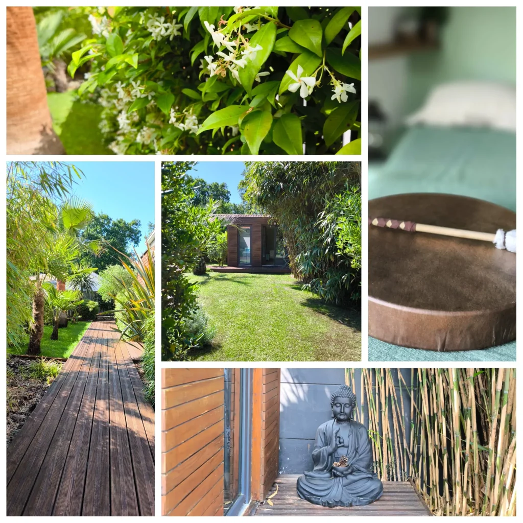 Contacter Pineabayah – Espace sacré de soins énergétiques Contacter Pineabayah – lieu de soin chamanique dans un bungalow en bois entouré de verdure