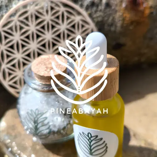 Huile sacrée Pineabayah, sel vibratoire et Fleur de Vie – produits énergétiques artisanaux