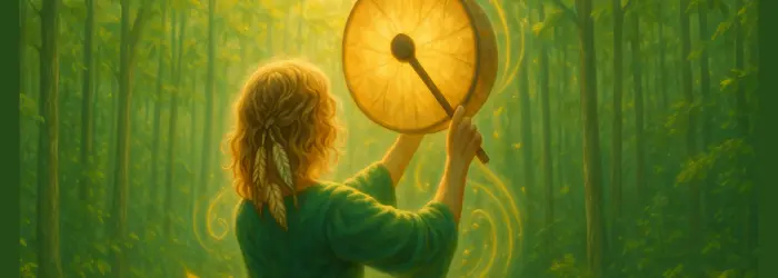 qui-suis-je-pineabayah Illustration d’Emmanuelle à Pineabayah jouant du tambour chamanique en pleine forêt – soins chamaniques et énergie spirituelle chez Pineabayah.