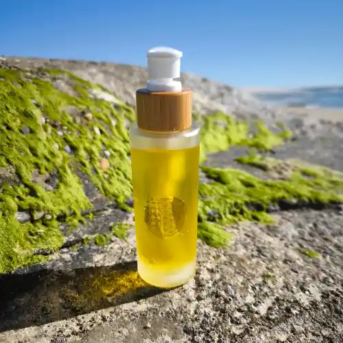 flacon huile vibratoire Pineabayah en extérieur nature