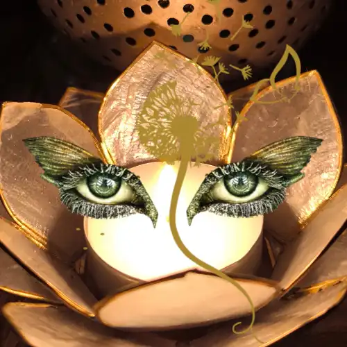 Bougie vibratoire Pineabayah – présence et intériorité Bougie vibratoire Pineabayah allumée avec symboles du regard intérieur, pissenlit et élévation