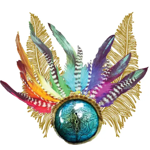 Logo représentant les huiles vibratoires sacrées Pineabayah avec des plumes et une sphère symbolisant l'énergie