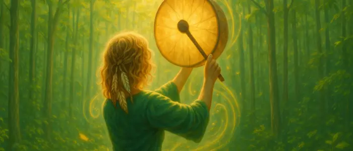 Pineabayah – Essence Vibratoire Illustration Pineabayah d’une femme jouant du tambour chamanique dans une forêt